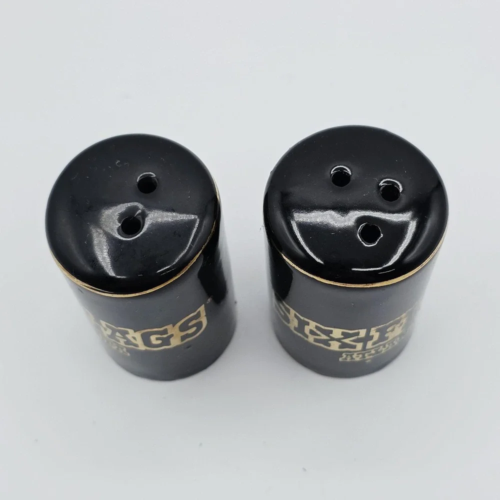 Six Flags Salt Pepper Shakers Atlanta GA Black Gold Vintage Ceramic Japan Set